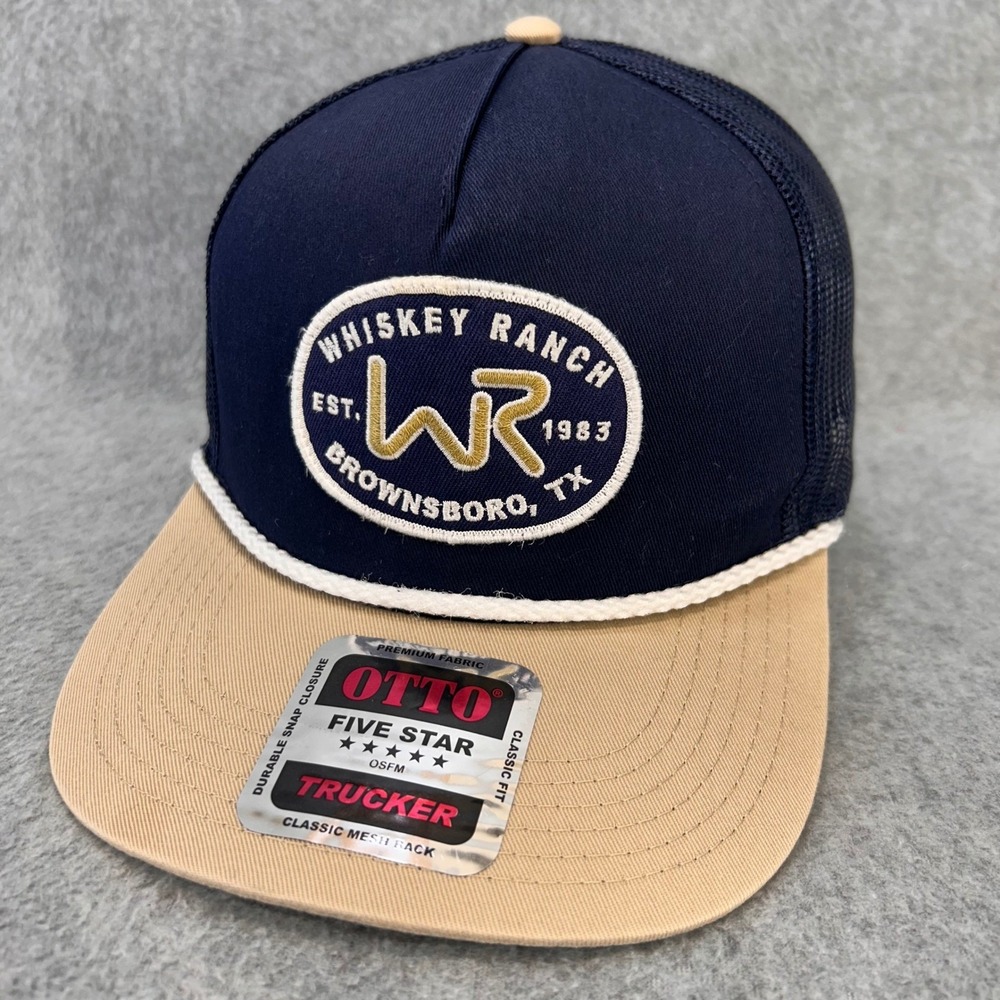 Whiskey Ranch Brownsboro TX Mens Navy Tan Otto Trucker Hat Rope Snapback OSFM